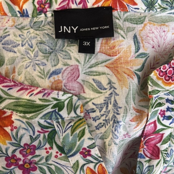 Jones New York Plus 3X Whimsical Floral Colorful Cottage Boho Linen Top - Picture 3 of 4